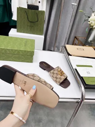 Gucci GG Marmont Beige and Brown Monogram Canvas Slide Slippers 5