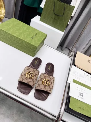Gucci GG Marmont Beige and Brown Monogram Canvas Slide Slippers 6