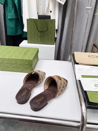 Gucci GG Marmont Beige and Brown Monogram Canvas Slide Slippers 7