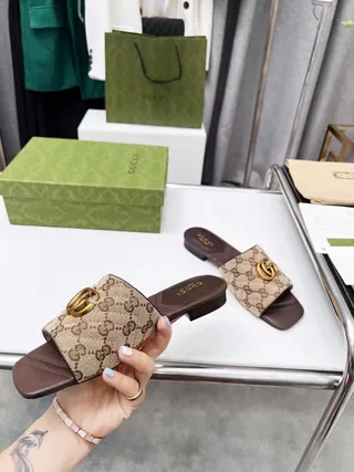 Gucci GG Marmont Beige and Brown Monogram Canvas Slide Slippers 8