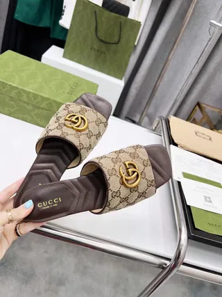 Gucci GG Marmont Beige and Brown Monogram Canvas Slide Slippers 9