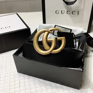Gucci GG Marmont Black Gold Smooth Interlocking G Buckle Leather Belt