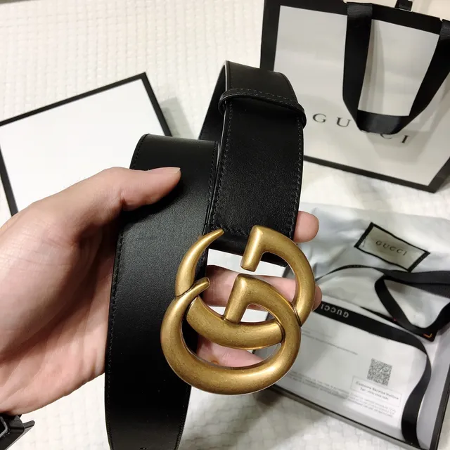 Gucci GG Marmont Ceinture en cuir noir doré douce avec boucle G entrelacée 5