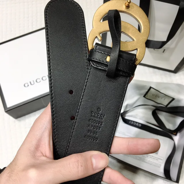 Gucci GG Marmont Ceinture en cuir noir doré douce avec boucle G entrelacée 6