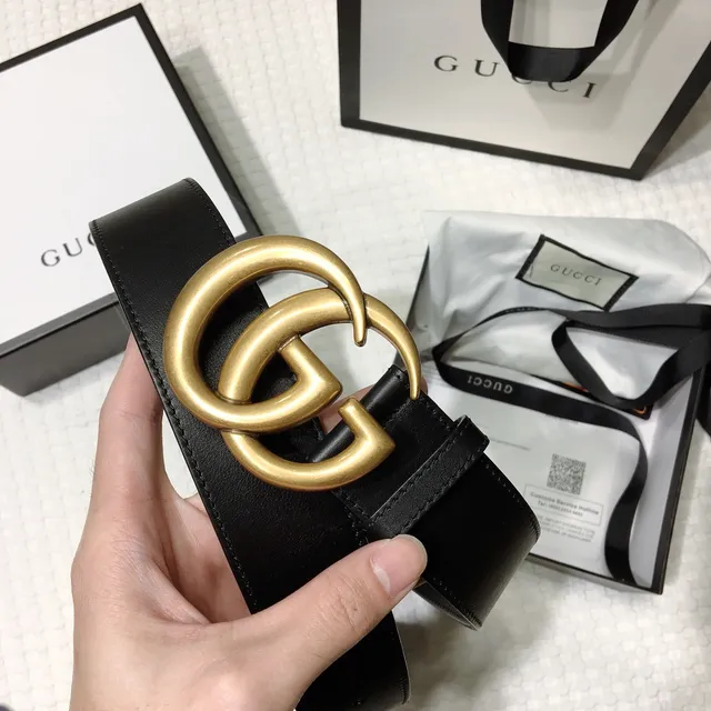 Gucci GG Marmont Ceinture en cuir noir doré douce avec boucle G entrelacée 8