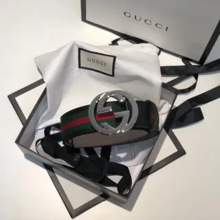 Gucci GG Marmont Black Green Interlocking G Buckle Web Stripe Detail Leather Belt
