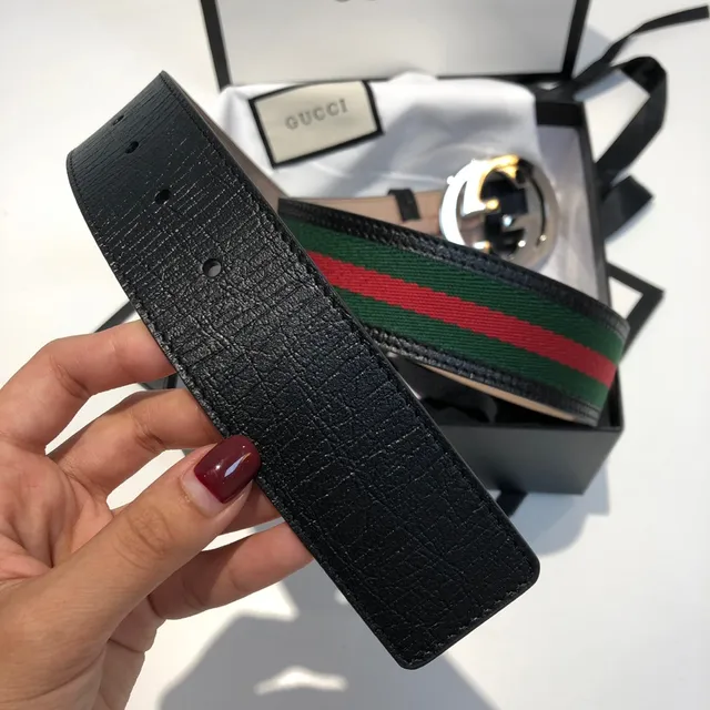 Gucci GG Marmont Black Green Interlocking G Buckle Web Stripe Detail Leather Belt 2