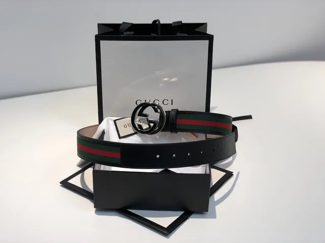 Gucci GG Marmont Black Green Interlocking G Buckle Web Stripe Detail Leather Belt 4