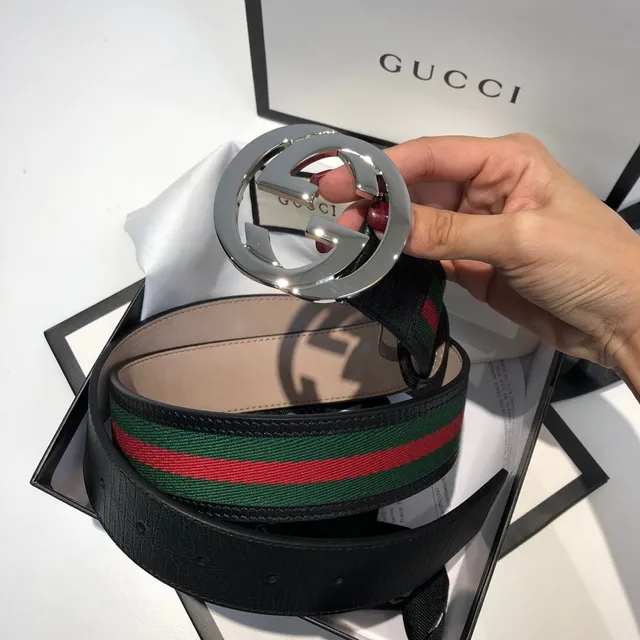 Gucci GG Marmont Black Green Interlocking G Buckle Web Stripe Detail Leather Belt 5