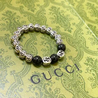 Gucci GG Marmont Preto Prateado Interlocking G Logo Miçangas Brilhante Esférico Pulseira