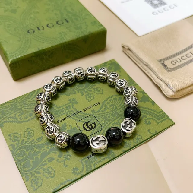 Gucci GG Marmont Black Silver Interlocking G Logo Beads Glossy Spherical Bracelet 3