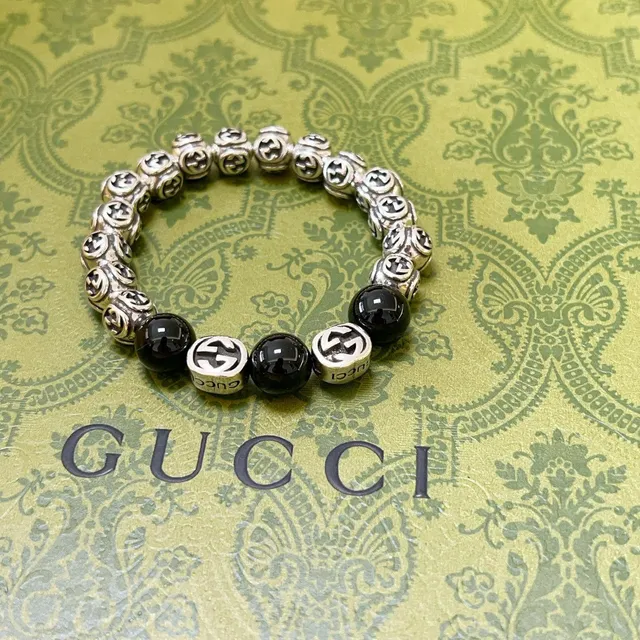 Gucci GG Marmont Black Silver Interlocking G Logo Beads Glossy Spherical Bracelet 4