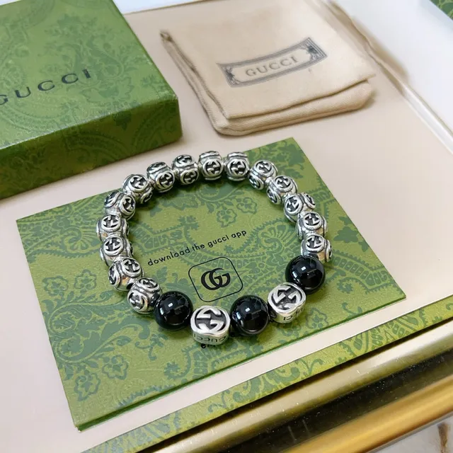 Gucci GG Marmont Black Silver Interlocking G Logo Beads Glossy Spherical Bracelet 6