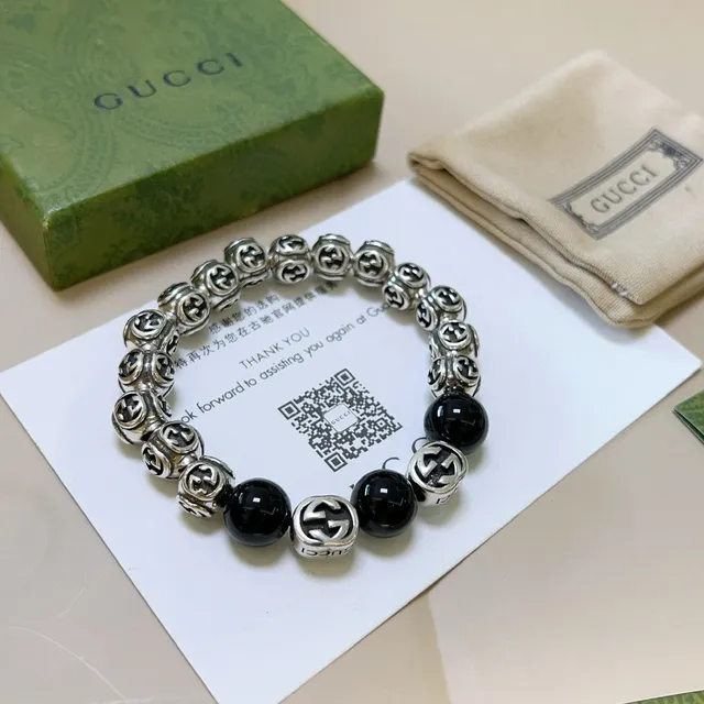 Gucci GG Marmont Black Silver Interlocking G Logo Beads Glossy Spherical Bracelet 7