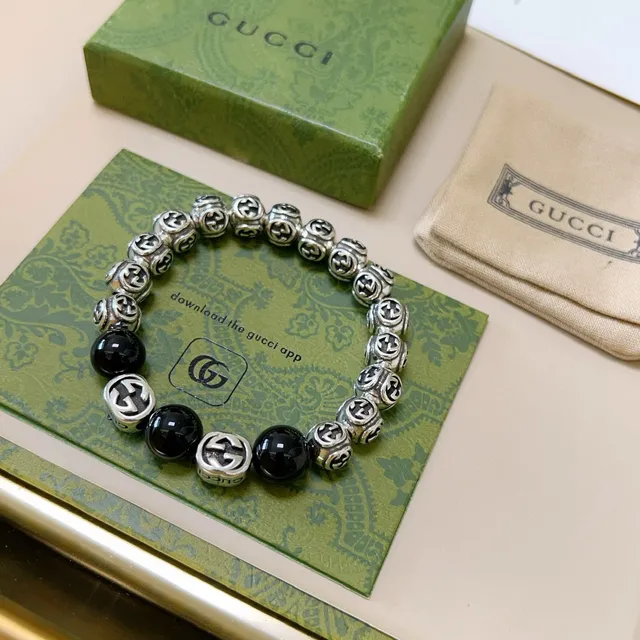 Gucci GG Marmont Black Silver Interlocking G Logo Beads Glossy Spherical Bracelet 9