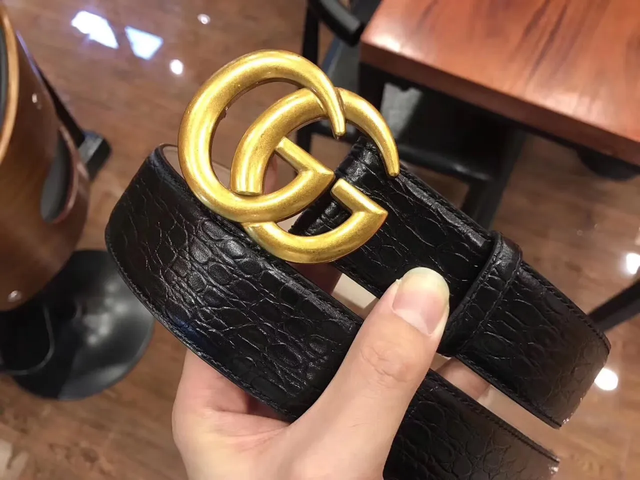 Gucci GG Marmont Crocodile-Embossed Leather Belt 5