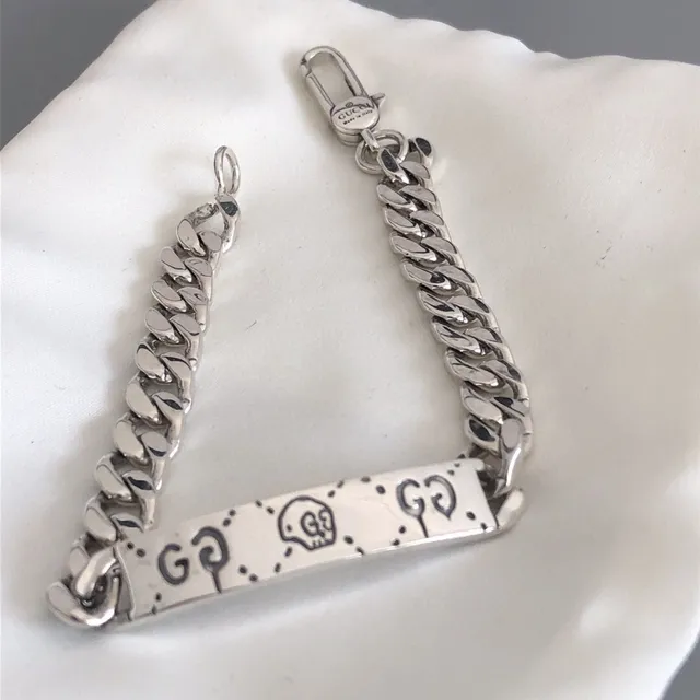 Gucci GG Marmont Engraved Curb-Link Silver Bracelet 3