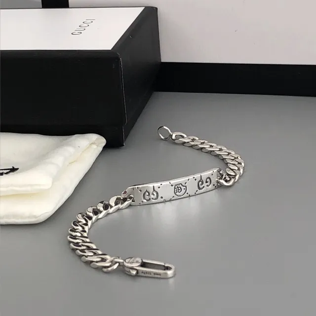Gucci GG Marmont Engraved Curb-Link Silver Bracelet 4