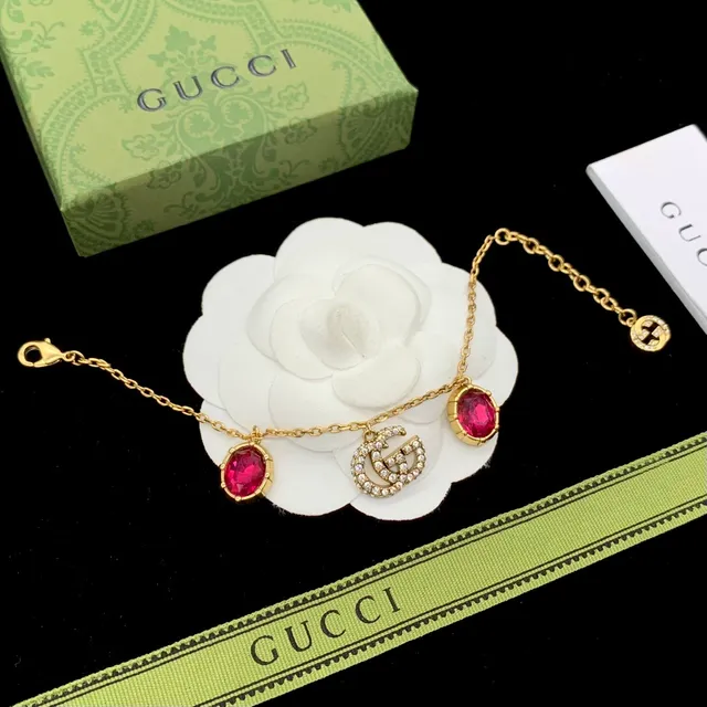 Gucci GG Marmont Gold Red Chain Interlocking G Charms Bracelet 6