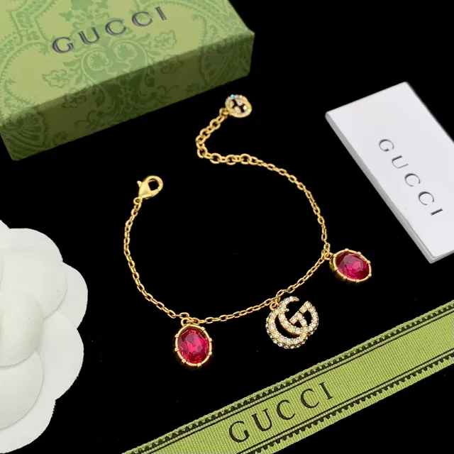 Gucci GG Marmont Gold Red Chain Interlocking G Charms Bracelet 7