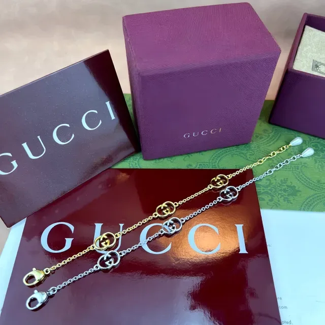 Gucci GG Marmont سلسلة ذهبية بيضاء أنماط متشابكة سوار 4