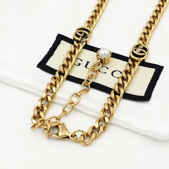 Gucci GG Marmont Gold White Chunky Curb Chain Logo Links Necklace 3