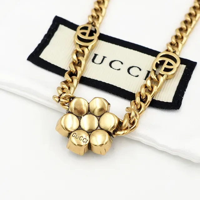 Gucci GG Marmont Gold White Chunky Curb Chain Logo Links Necklace 4