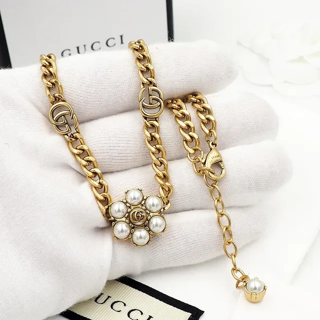 Gucci GG Marmont Gold White Chunky Curb Chain Logo Links Necklace 5