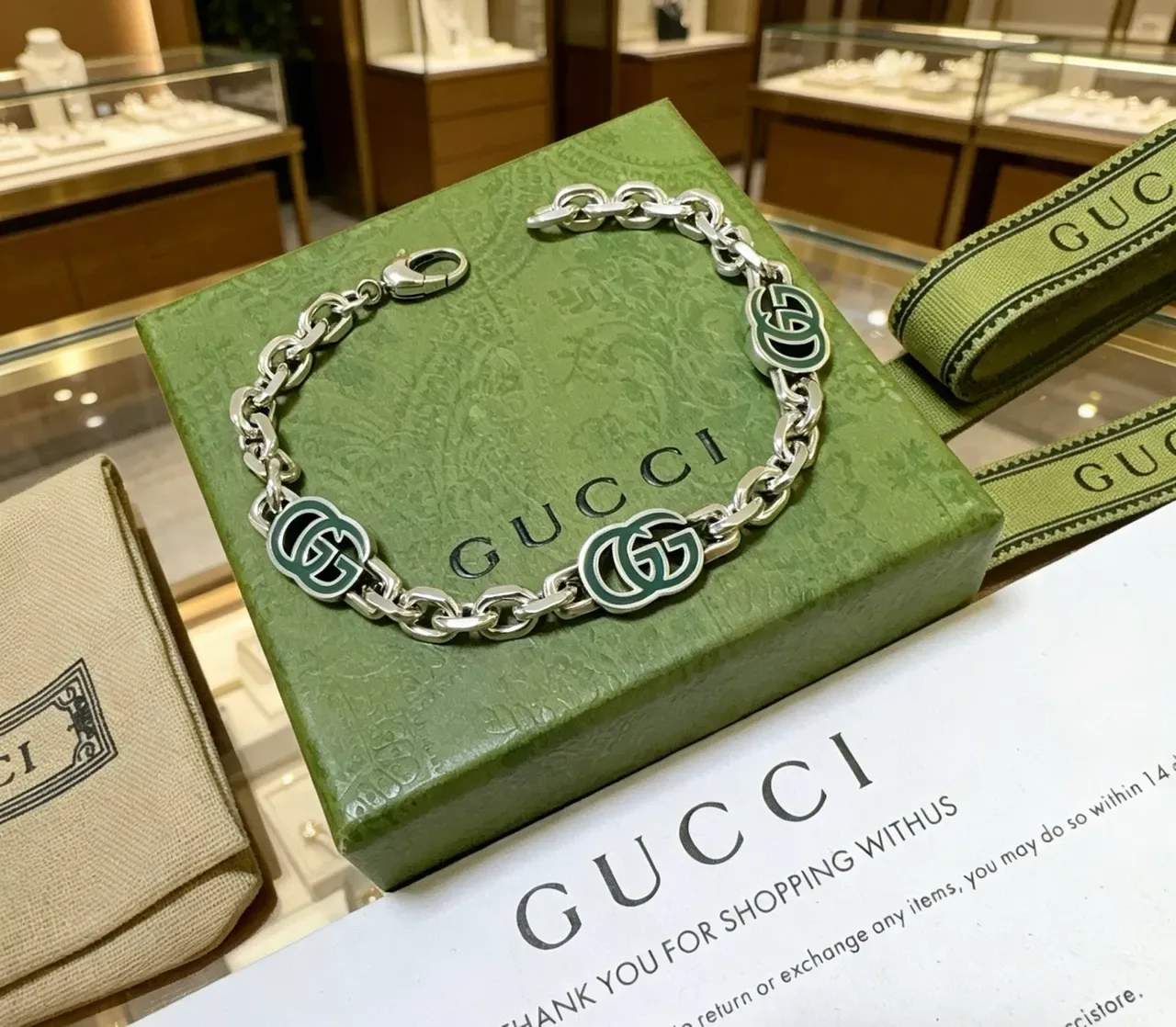 Gucci GG Marmont Green Enamel Chain Bracelet 4