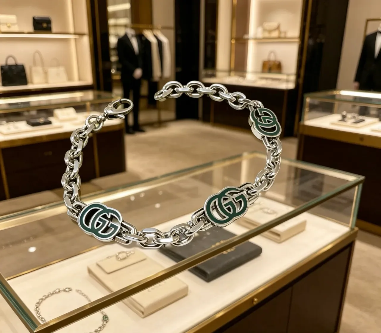 Gucci GG Marmont Green Enamel Chain Bracelet 7