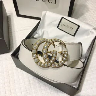 Gucci GG Marmont Pearl-Embellished Off-White Leather Belt