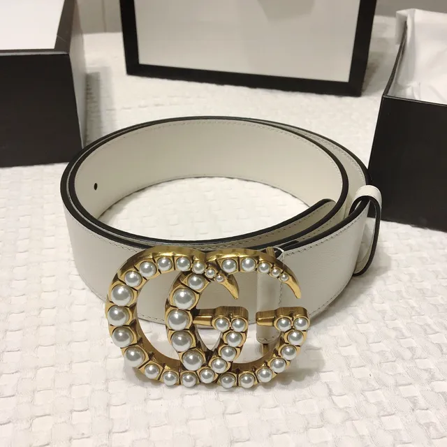 Gucci GG Marmont Pearl-Embellished Off-White Leather Belt 2