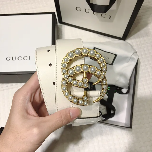 Gucci GG Marmont Pearl-Embellished Off-White Leather Belt 4