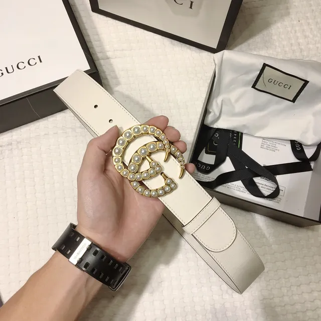Gucci GG Marmont Pearl-Embellished Off-White Leather Belt 5