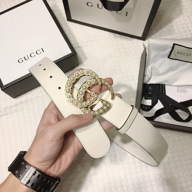 Gucci GG Marmont Pearl-Embellished Off-White Leather Belt 6