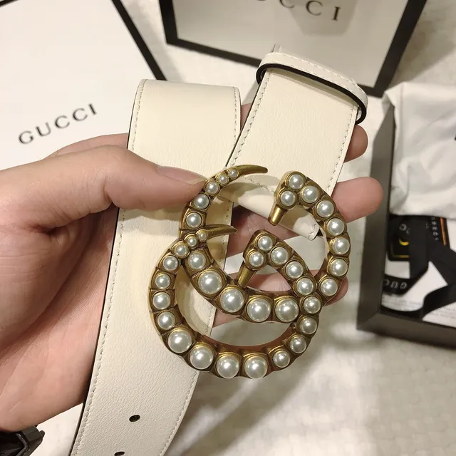 Gucci GG Marmont Pearl-Embellished Off-White Leather Belt 7