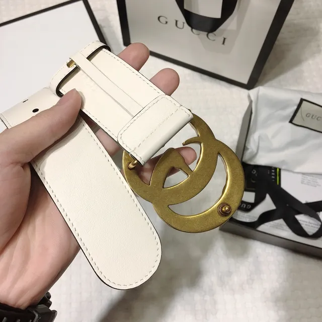 Gucci GG Marmont Pearl-Embellished Off-White Leather Belt 9