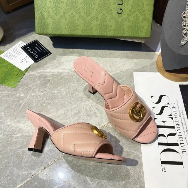 Gucci GG Marmont Pink Gold Quilted Chevron Stitching Interlocking Hardware Block Heel 2