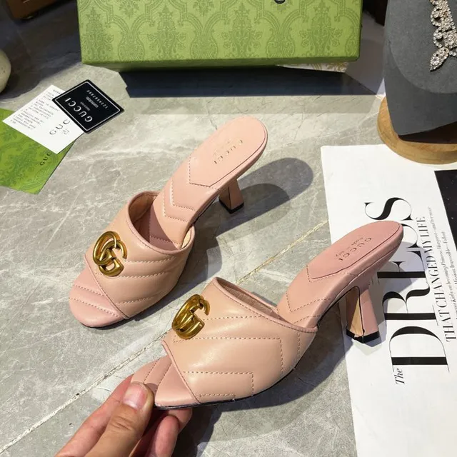 Gucci GG Marmont Pink Gold Quilted Chevron Stitching Interlocking Hardware Block Heel 3