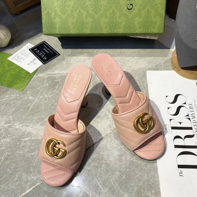 Gucci GG Marmont Pink Gold Quilted Chevron Stitching Interlocking Hardware Block Heel 4