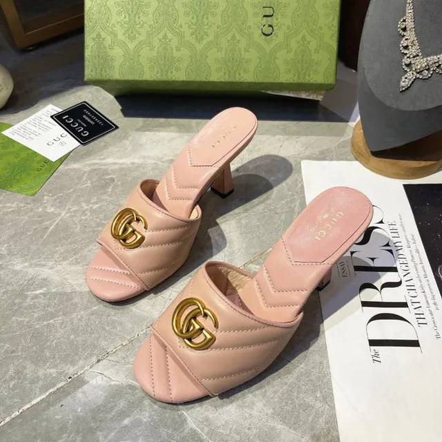 Gucci GG Marmont Pink Gold Quilted Chevron Stitching Interlocking Hardware Block Heel 5