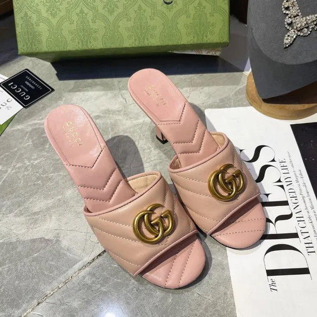 Gucci GG Marmont Pink Gold Quilted Chevron Stitching Interlocking Hardware Block Heel 7