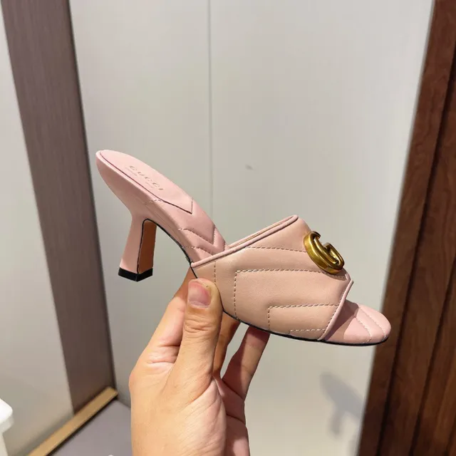 Gucci GG Marmont Pink Gold Quilted Chevron Stitching Interlocking Hardware Block Heel 8