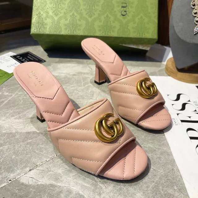 Gucci GG Marmont Pink Gold Quilted Chevron Stitching Interlocking Hardware Block Heel 9