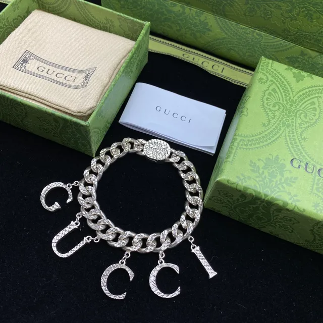 Gucci GG Marmont Silver Chunky Curb Chain Dangling Letter Charms Necklace 3
