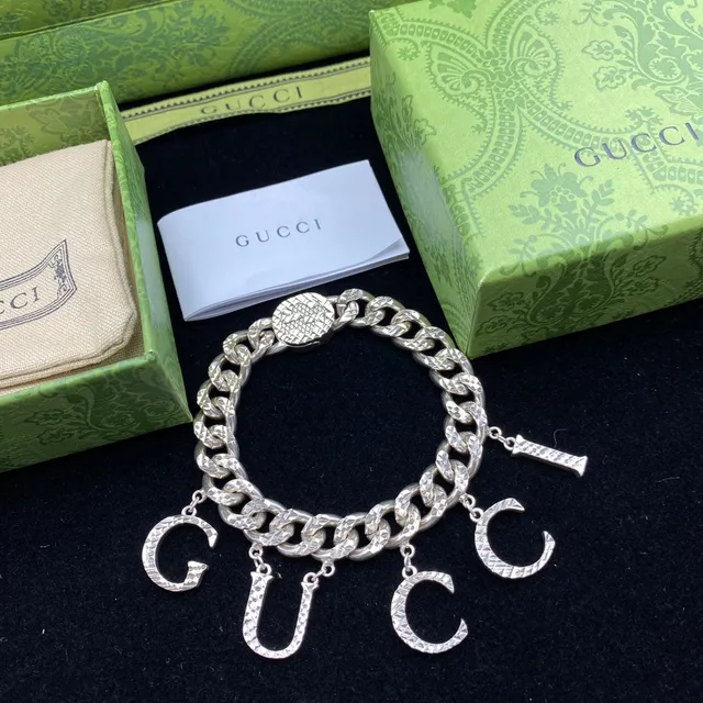 Gucci GG Marmont Silver Chunky Curb Chain Dangling Letter Charms Necklace 4