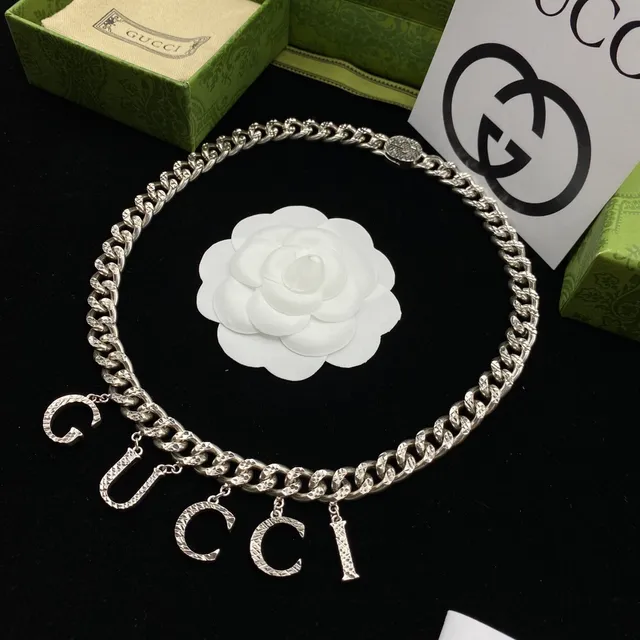 Gucci GG Marmont Silver Chunky Curb Chain Dangling Letter Charms Necklace 5