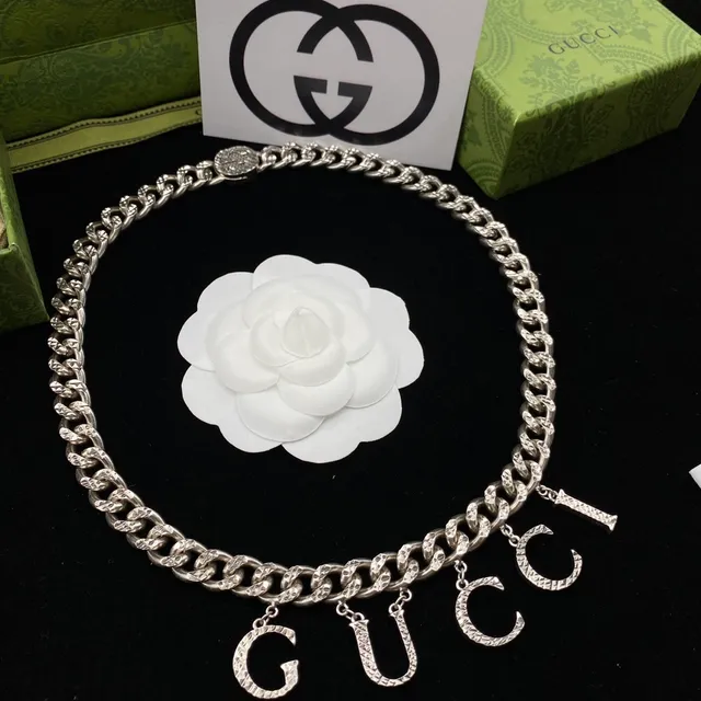 Gucci GG Marmont Silver Chunky Curb Chain Dangling Letter Charms Necklace 6