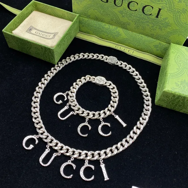 Gucci GG Marmont Silver Chunky Curb Chain Dangling Letter Charms Necklace 7