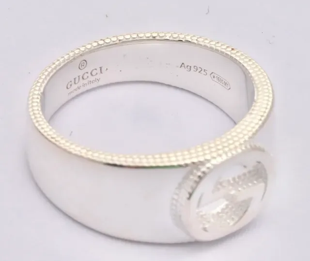Gucci GG Marmont Silver Wide Band Engraved Interlocking G Logo Ring 6